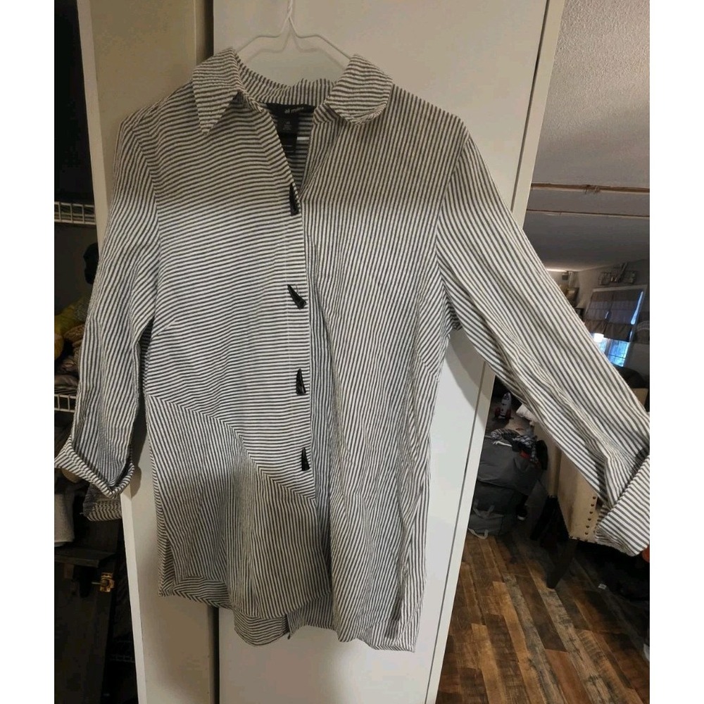 Ali Miles Black White Striped Textured Button Front Blouse All Cotton Sz XS